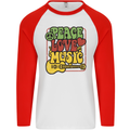 Peace Love Music Guitar Hippy Flower Power Mens L/S Baseball T-Shirt White/Red