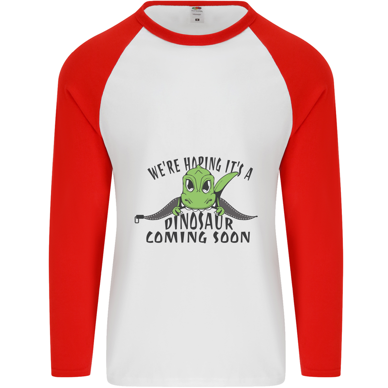 Dinosaur Coming Soon New Baby Pregnancy Pregnant Mens L/S Baseball T-Shirt White/Red