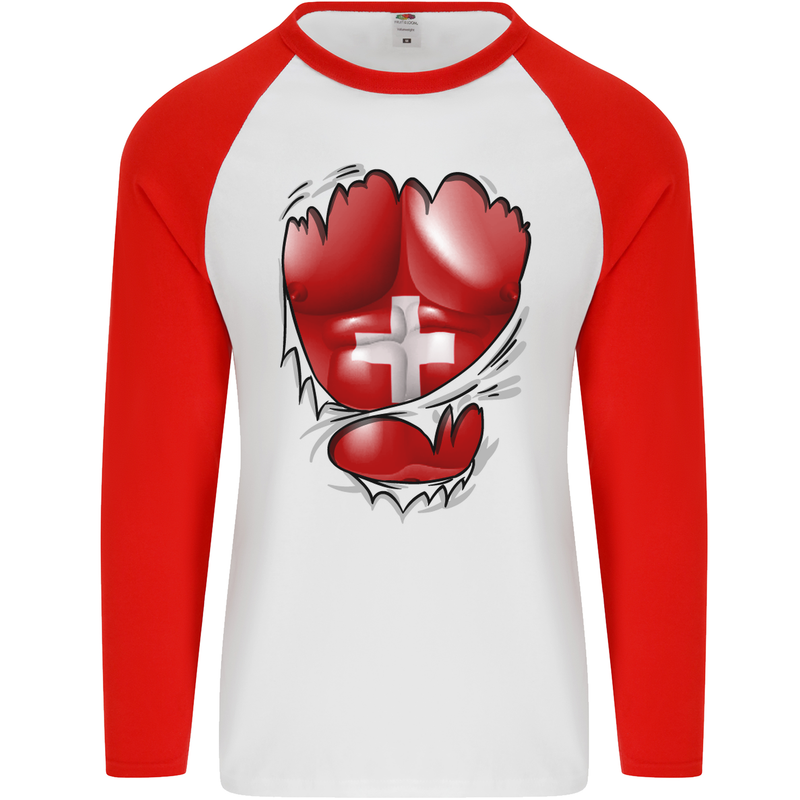 Gym Swiss Flag Ripped Muscles Switzerland Mens L/S Baseball T-Shirt White/Red