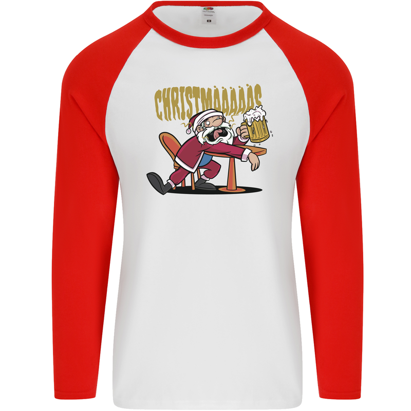 Drunk Santa Funny Christmas Alcohol Beer Xmas Mens L/S Baseball T-Shirt White/Red