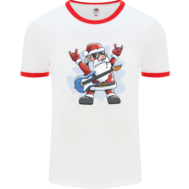 Rock n Roll Santa Electric Guitar Christmas Xmas Mens Ringer T-Shirt White/Red