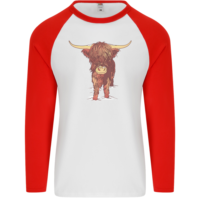 Highland Cattle Cow Scotland Scottish Mens L/S Baseball T-Shirt White/Red