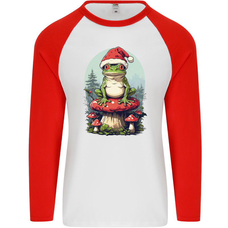 Christmas Frog Toadstool Xmas Mycology Foraging Mens L/S Baseball T-Shirt White/Red