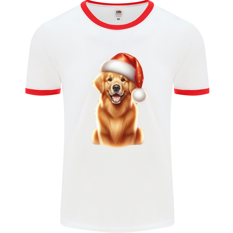 Christmas Golden Retriever Dog Xmas Hat Mens Ringer T-Shirt White/Red