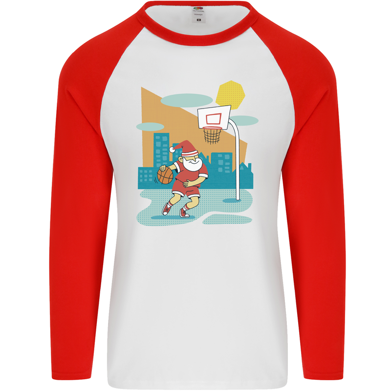 Christmas Santa Playing Basketball Xmas Mens L/S Baseball T-Shirt White/Red