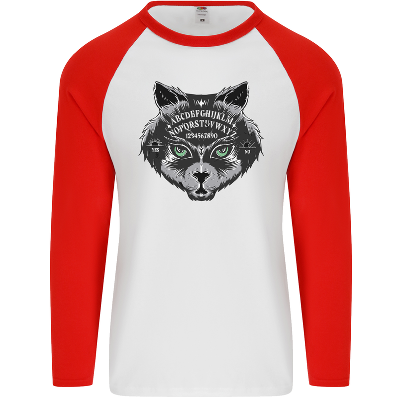 Ouija Board Cat Dark Black Magic Voodoo Mens L/S Baseball T-Shirt White/Red