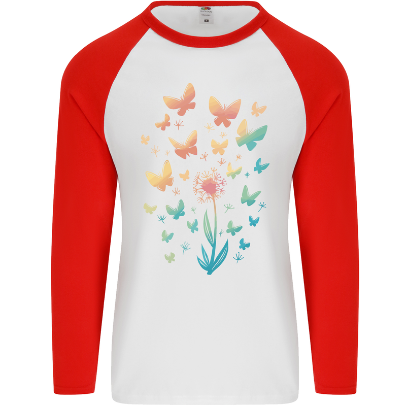 Dandelion Butterfly Plant Gardening Mens L/S Baseball T-Shirt White/Red