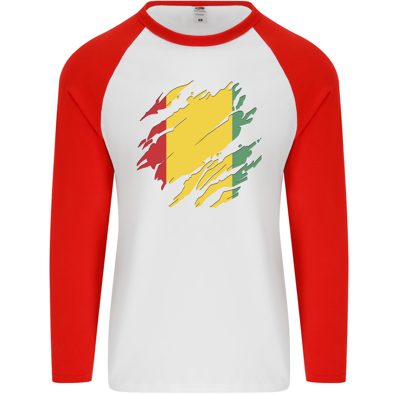 Torn Guinea Flag Guinean Day Football Mens L/S Baseball T-Shirt White/Red