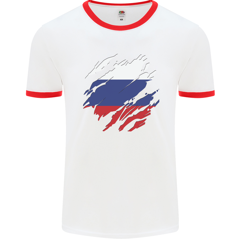 Torn Russia Flag Russian Day Football Mens Ringer T-Shirt White/Red