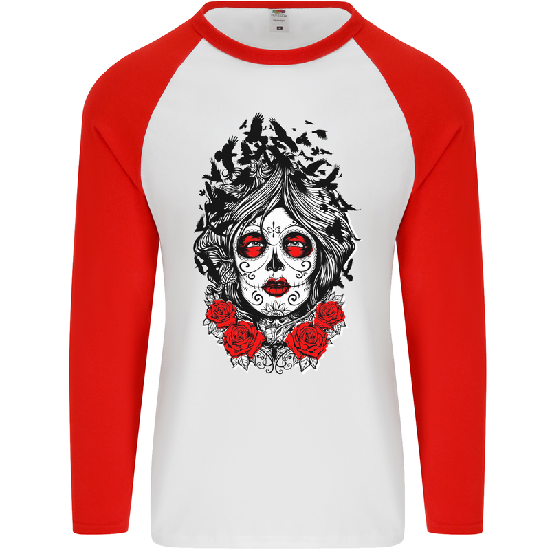 Day of the Dead Sugar Skull DOTD Mexico Mens L/S Baseball T-Shirt White/Red