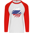 Torn Russia Flag Russian Day Football Mens L/S Baseball T-Shirt White/Red