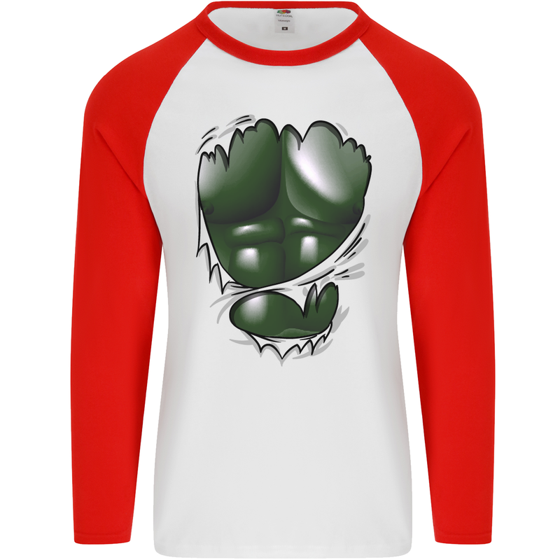 Gym Green Torso Ripped Muscles Effect Mens L/S Baseball T-Shirt White/Red
