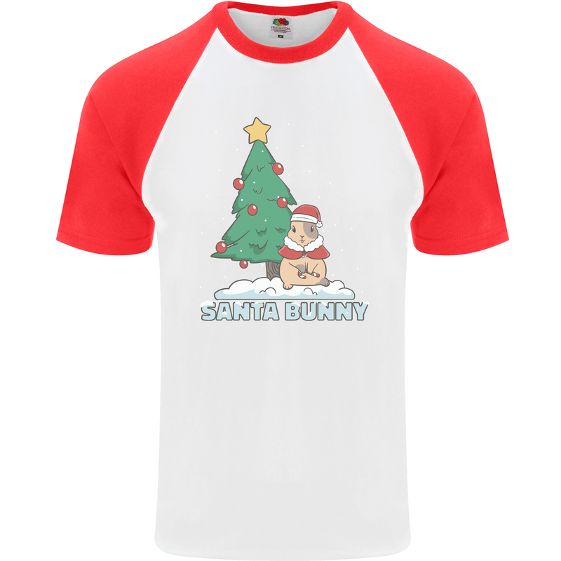 Santa Bunny Rabbit Christmas Xmas Mens S/S Baseball T-Shirt White/Red