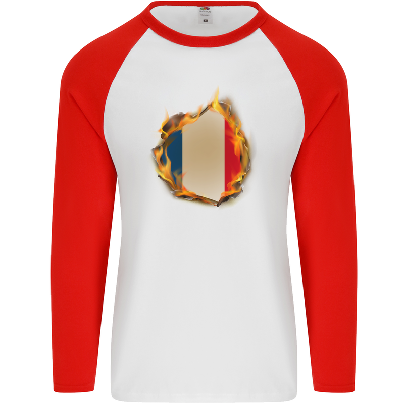 The French Tricolour Flag Fire France Mens L/S Baseball T-Shirt White/Red