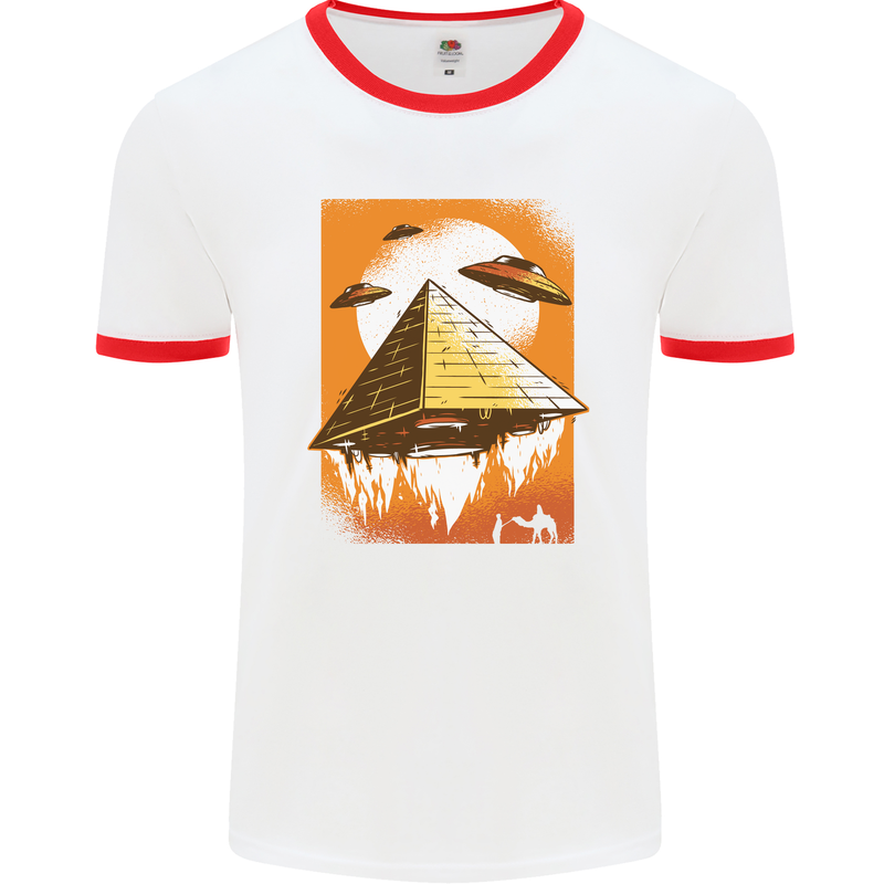 UFO Pyramid Alien Flying Saucer Mens Ringer T-Shirt White/Red