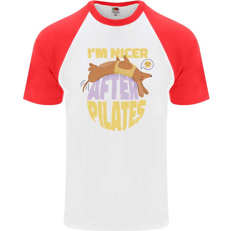 Nicer After Pilates Funny Yoga Dog Mens S/S Baseball T-Shirt White/Red