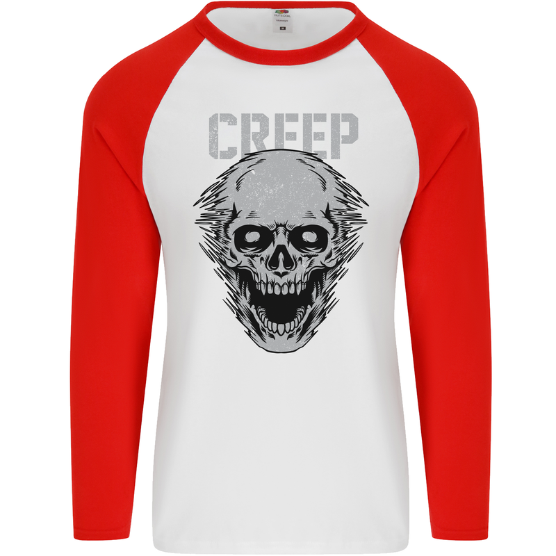 Creep Human Skull Gothic Rock Music Metal Mens L/S Baseball T-Shirt White/Red