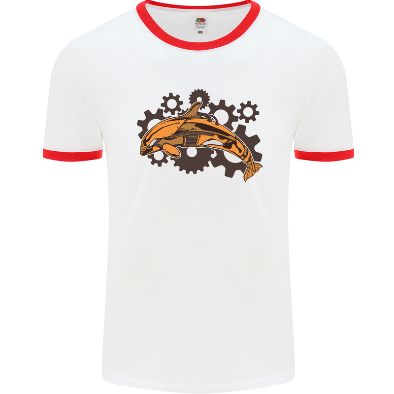 A Steampunk Dolphin Mens Ringer T-Shirt White/Red