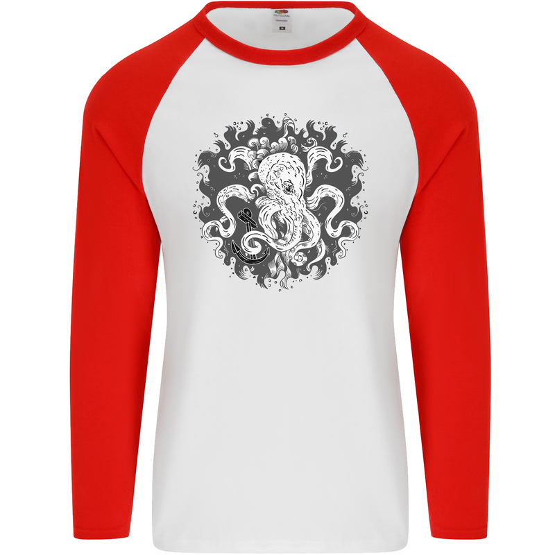 An Octopus in the Deep Ocean Sailor Sailing Mens L/S Baseball T-Shirt White/Red