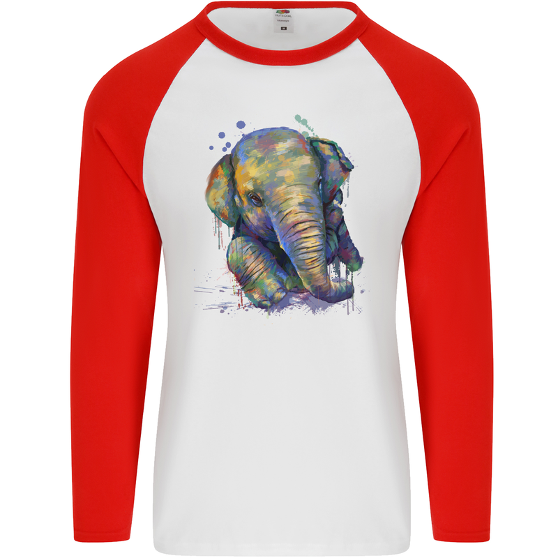 Elephant Hand Drawn Watercolour Mens L/S Baseball T-Shirt White/Red