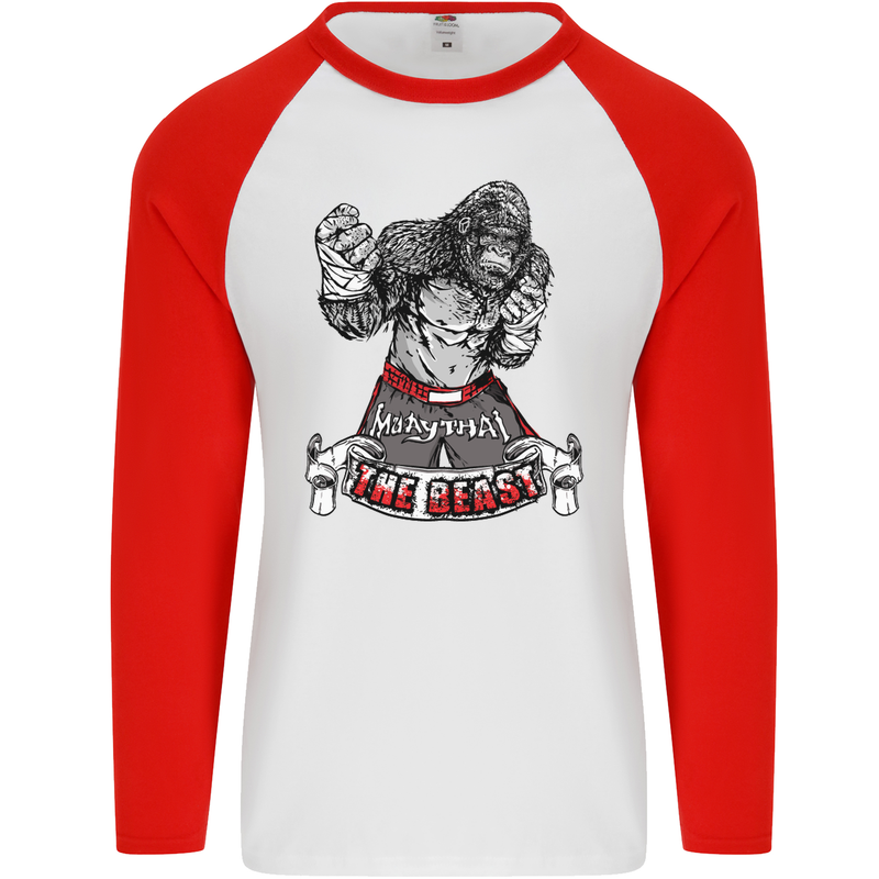 Muay Thai The Beast MMA Mixed Martial Arts Mens L/S Baseball T-Shirt White/Red