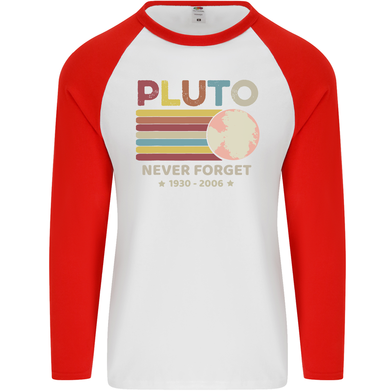 Pluto Never Forget Space Astronomy Planet Mens L/S Baseball T-Shirt White/Red