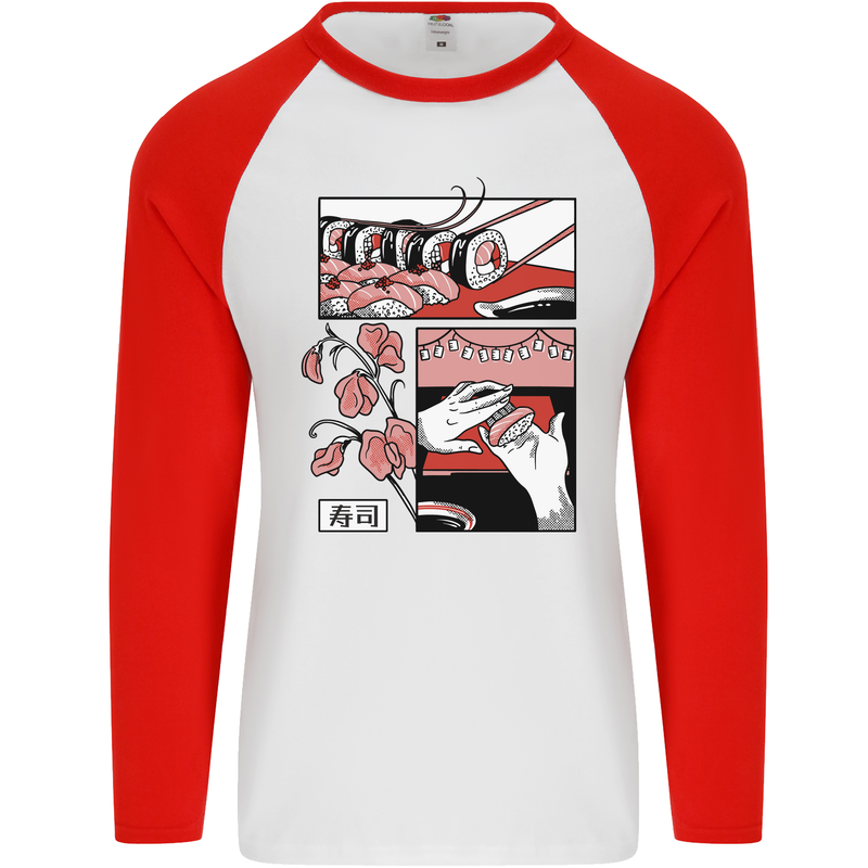 Sushi Mens L/S Baseball T-Shirt White/Red