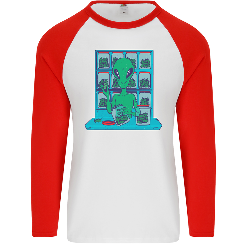 Funny Alien Drug Dealer Weed Mens L/S Baseball T-Shirt White/Red