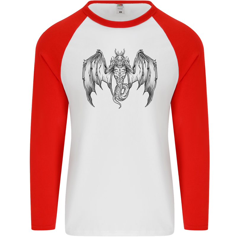 Serpent Dragon Gothic Fantasy Heavy Metal Mens L/S Baseball T-Shirt White/Red