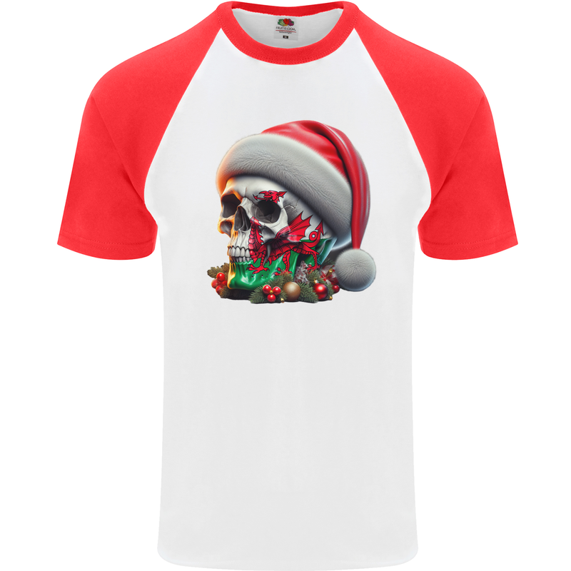 Wales Christmas Skull Xmas Welsh Flag Rugby Mens S/S Baseball T-Shirt White/Red