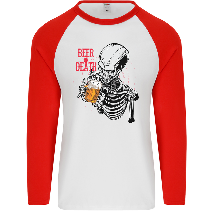 Beer or Death Skull Funny Alcohol Mens L/S Baseball T-Shirt White/Red