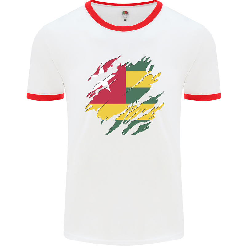 Torn Togo Flag Togolese Day Football Mens Ringer T-Shirt White/Red