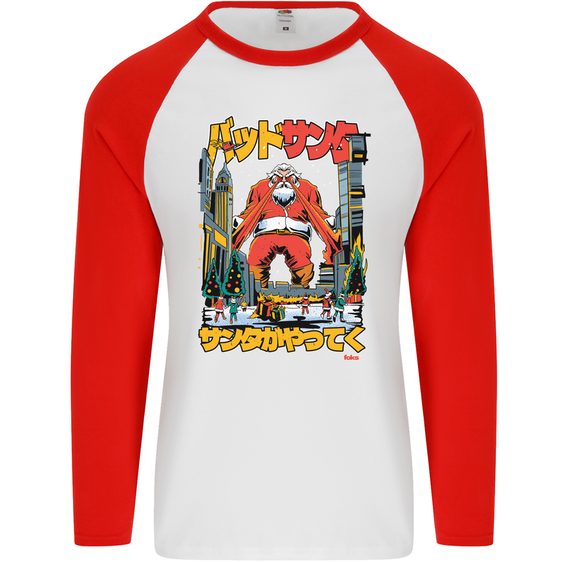 Christmas Destructive Santa Japan Anime Xmas Mens L/S Baseball T-Shirt White/Red