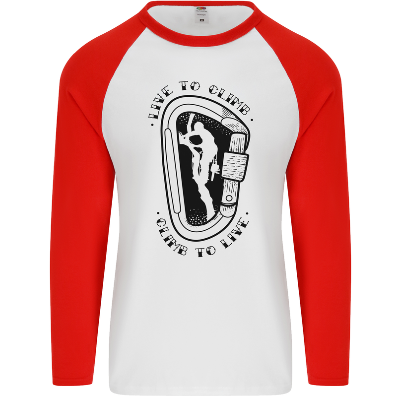 Rock Climbing Live to Climb  Climber Mens L/S Baseball T-Shirt White/Red