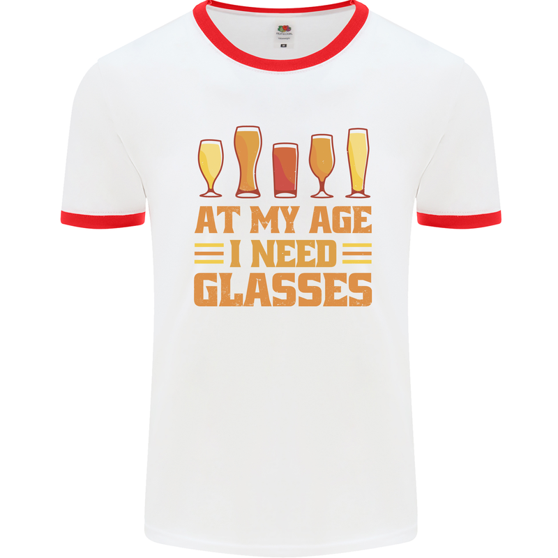 Beer Glasses Funny Alcohol Old Age Mens Ringer T-Shirt White/Red