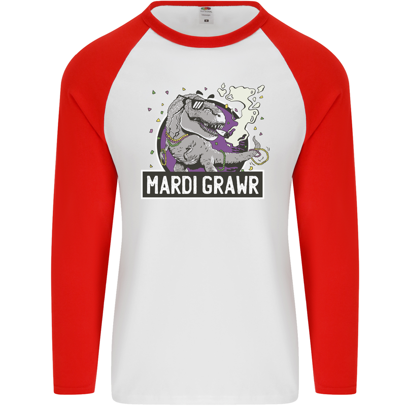 Funny T-Rex Mardi Gras Grawr Dinosaur Mens L/S Baseball T-Shirt White/Red