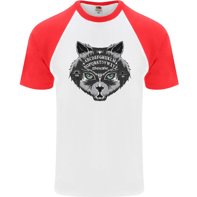 Ouija Board Cat Dark Black Magic Voodoo Mens S/S Baseball T-Shirt White/Red