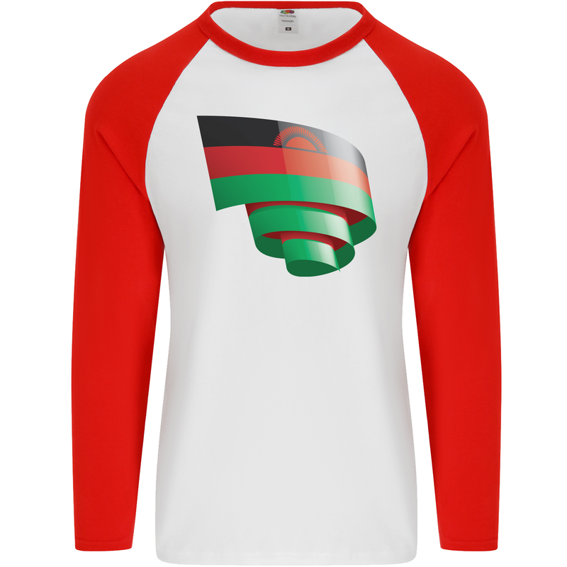 Curled Malawi Flag Malawian Day Football Mens L/S Baseball T-Shirt White/Red