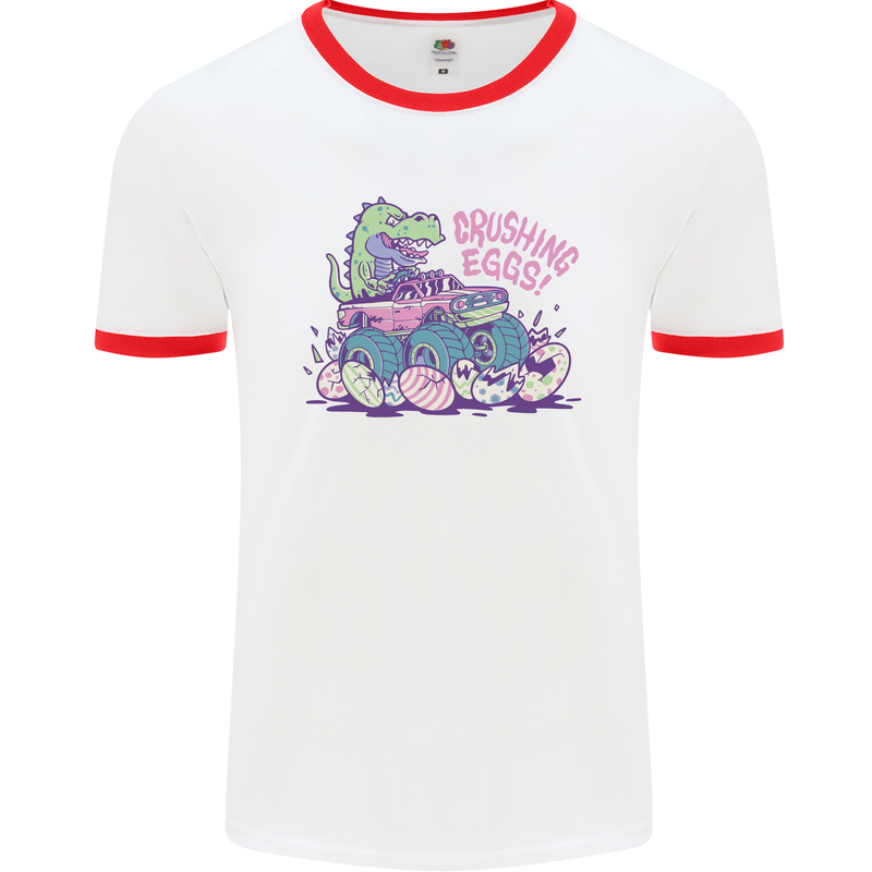 Crushing Eggs Easter T-Rex Dinosaur Monster Truck Mens Ringer T-Shirt White/Red