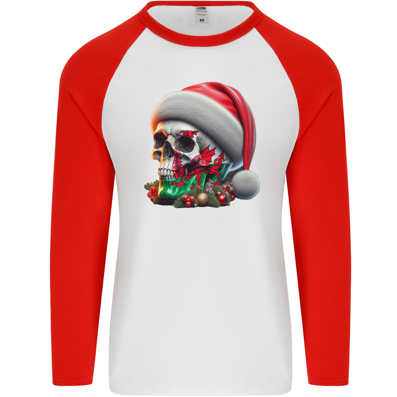 Wales Christmas Skull Xmas Welsh Flag Rugby Mens L/S Baseball T-Shirt White/Red