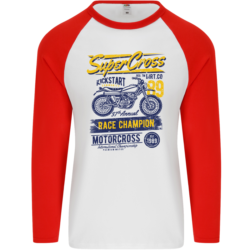 Supercross MotoX Dirt Bike Motocross Mens L/S Baseball T-Shirt White/Red