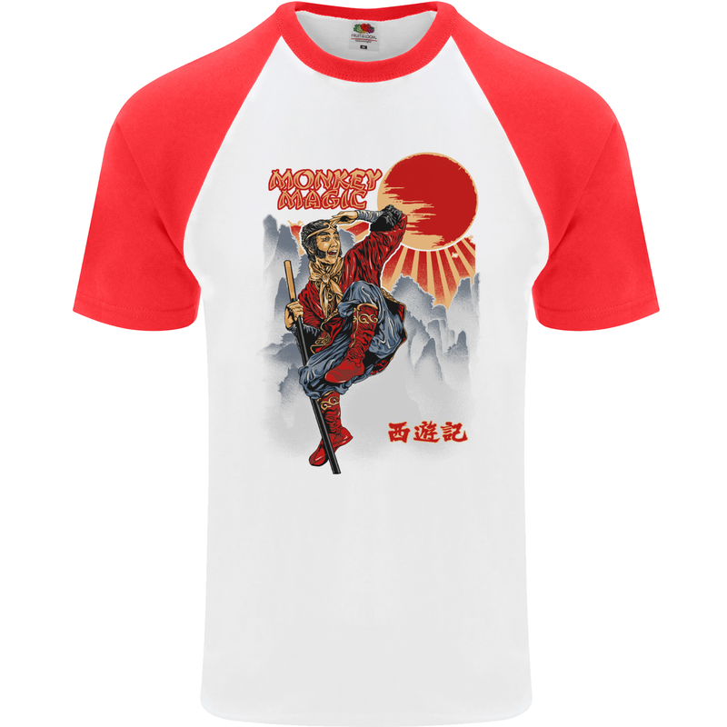 Monkey Magic Retro 70s Martial Arts TV Mens S/S Baseball T-Shirt White/Red