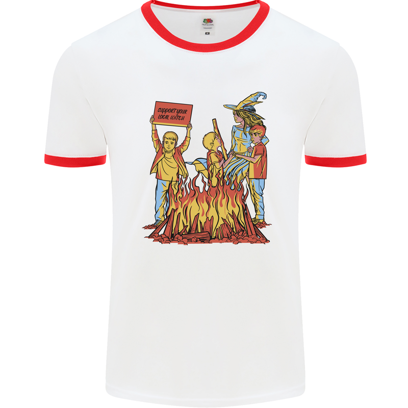 Support Your Local Witch Halloween Satire Mens Ringer T-Shirt White/Red