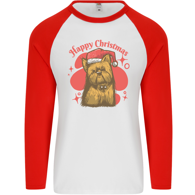 Christmas Yorkshire Terrier Xmas Yorkie Dog Mens L/S Baseball T-Shirt White/Red