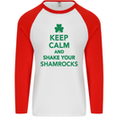 Keep Calm & Shamrocks St. Patrick's Day Mens L/S Baseball T-Shirt White/Red
