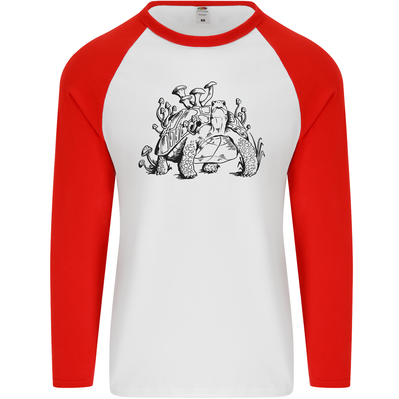 Tortoise Mushrooms Nature Mycology Mens L/S Baseball T-Shirt White/Red