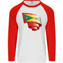 Curled Grenada Flag Grenadians Day Football Mens L/S Baseball T-Shirt White/Red