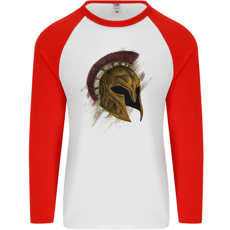 Spartan Helmet Gym Bodybuilding Training Mens L/S Baseball T-Shirt White/Red