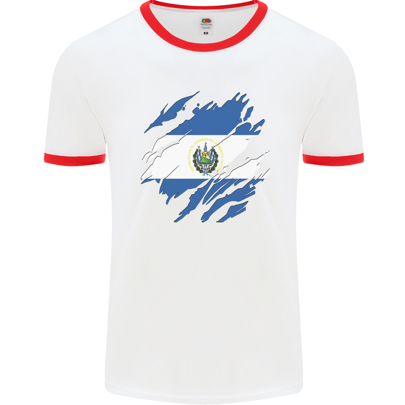 Torn Salvador Flag Salvadoran Day Football Mens Ringer T-Shirt White/Red