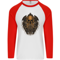 Cthulhu Octopus Kraken Devil Skull Demon Mens L/S Baseball T-Shirt White/Red